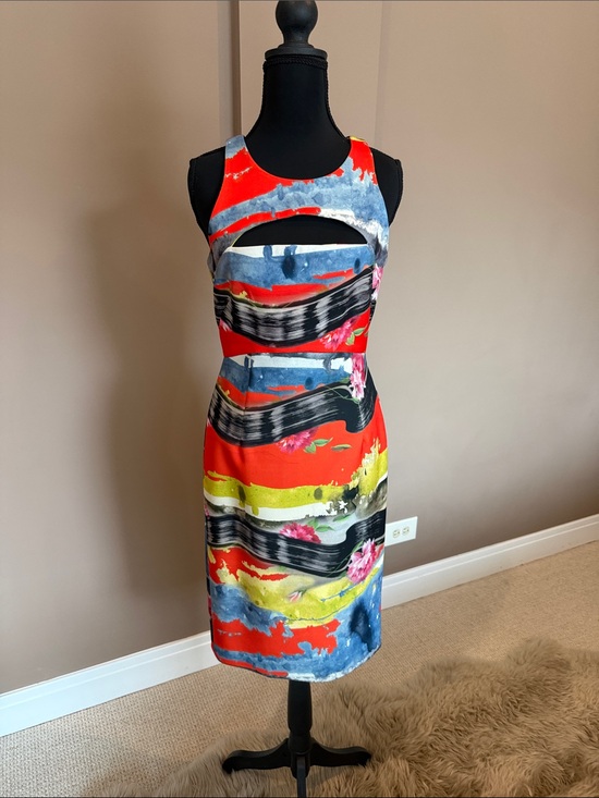 Milly Dresses & Skirts - Milly Red Multicolor Abstract Print Cutout Midi Dress